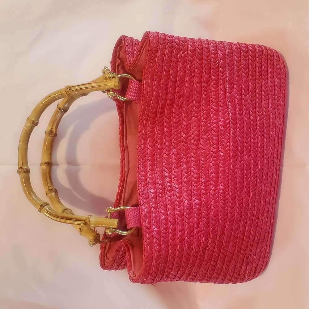 Straw Tote Bag with Bamboo Handles - Pink